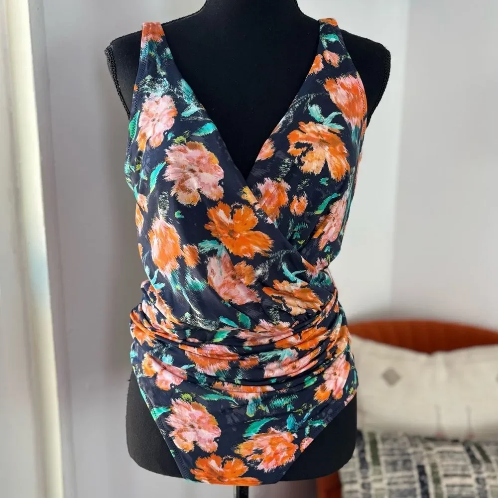 Garnet Hill Floral Ruched Crossover One-Piece Swimsuit 12